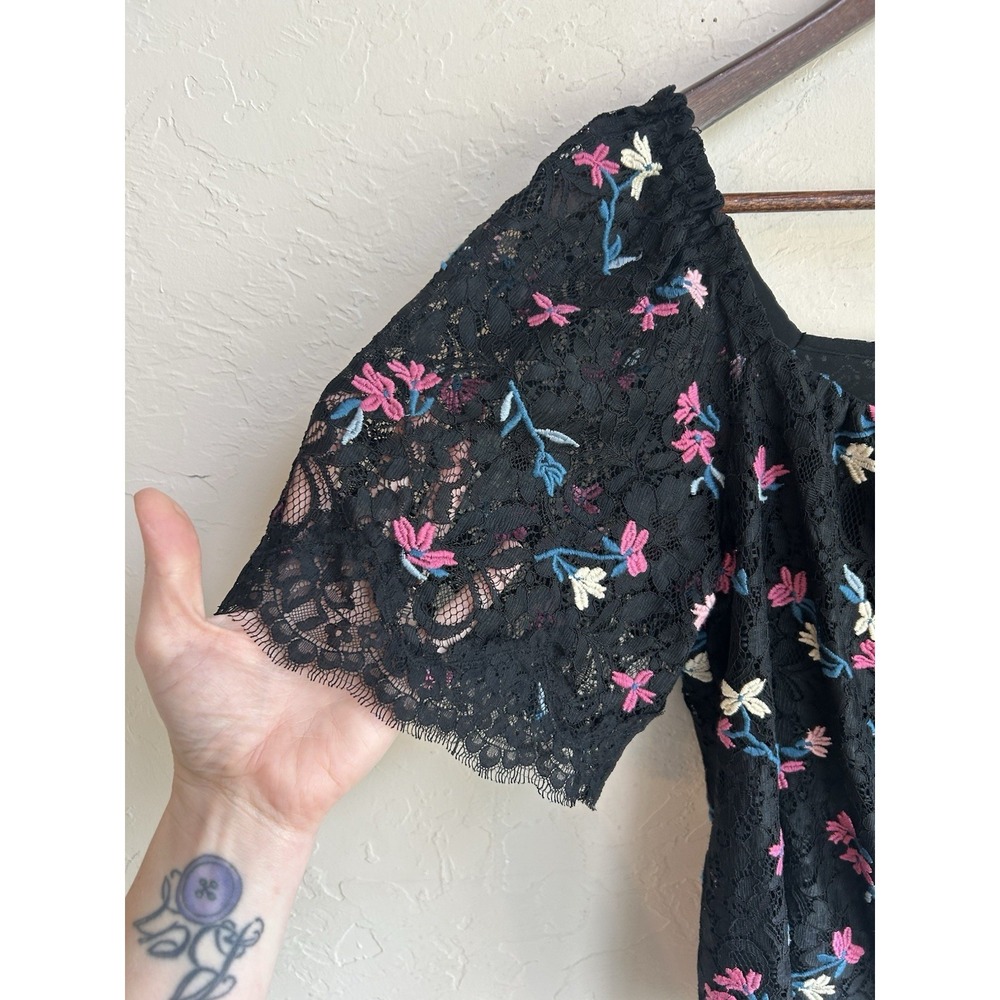 Rebecca Taylor Black Embroidered Lace Top 2 Cottagecore Floral Romantic Feminine - Picture 3 of 8